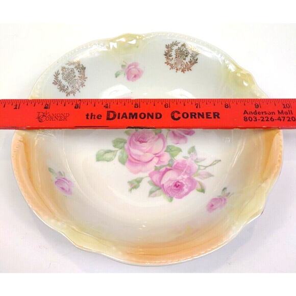 Antique Germany Large 8.5" Porcelain Serving Bowl Scalloped Edge Rose Floral - Picture 5 of 7